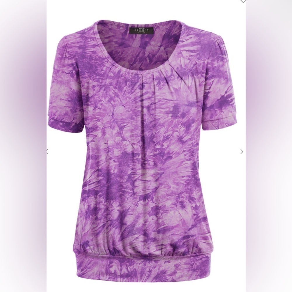 Purple Pleated Neckline Tie Dye Short Sleeve Top